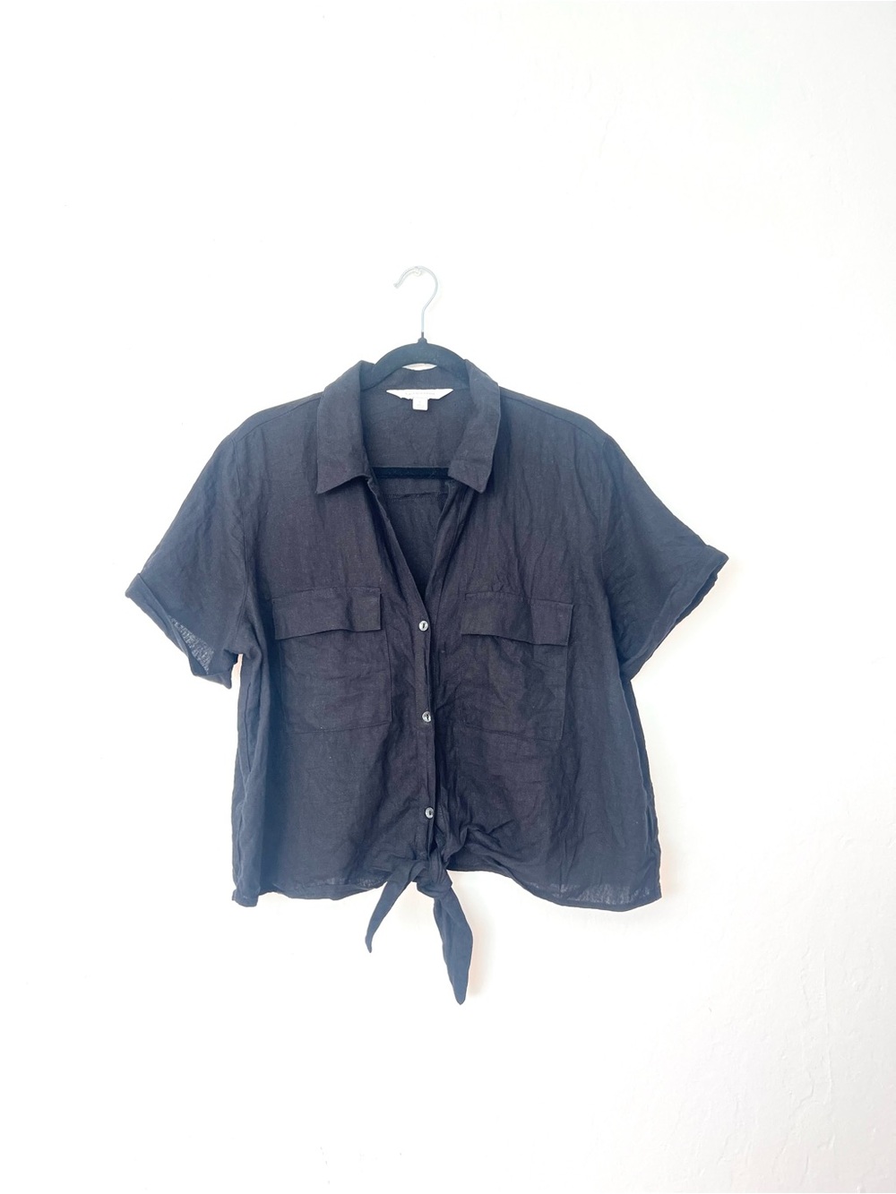 Calligraphie Linen Blend Button Down Tie Front Top